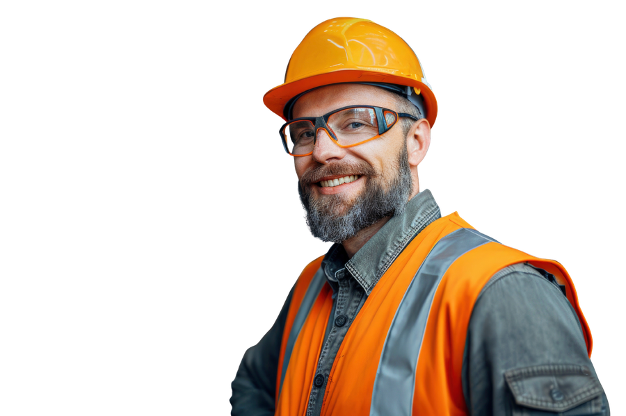 Trabalhador industrial com capacete e colete de segurança